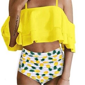 Tempt Me Yellow Ruffle Bikini Top with Pineapple Print Bottoms